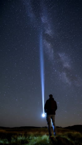 person with flashlight illuminating the milky way night sky