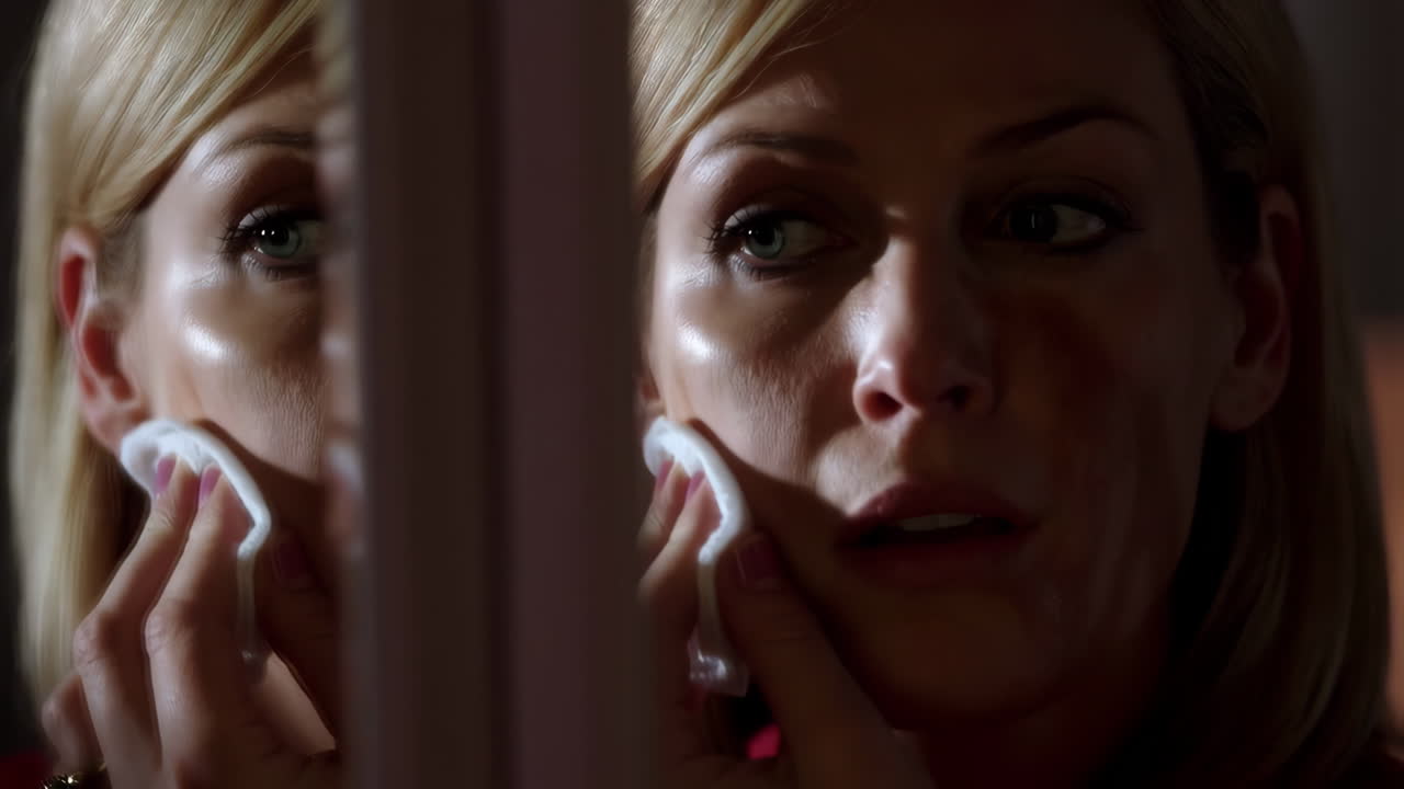 Woman Removing Makeup in Mirror