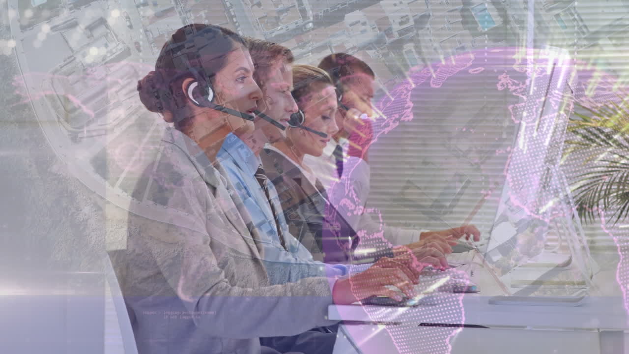 전화 헤드 ⁇ 을 사용하는 다양한 비즈니스 사람들에 대한 데이터 처리 애니메이션