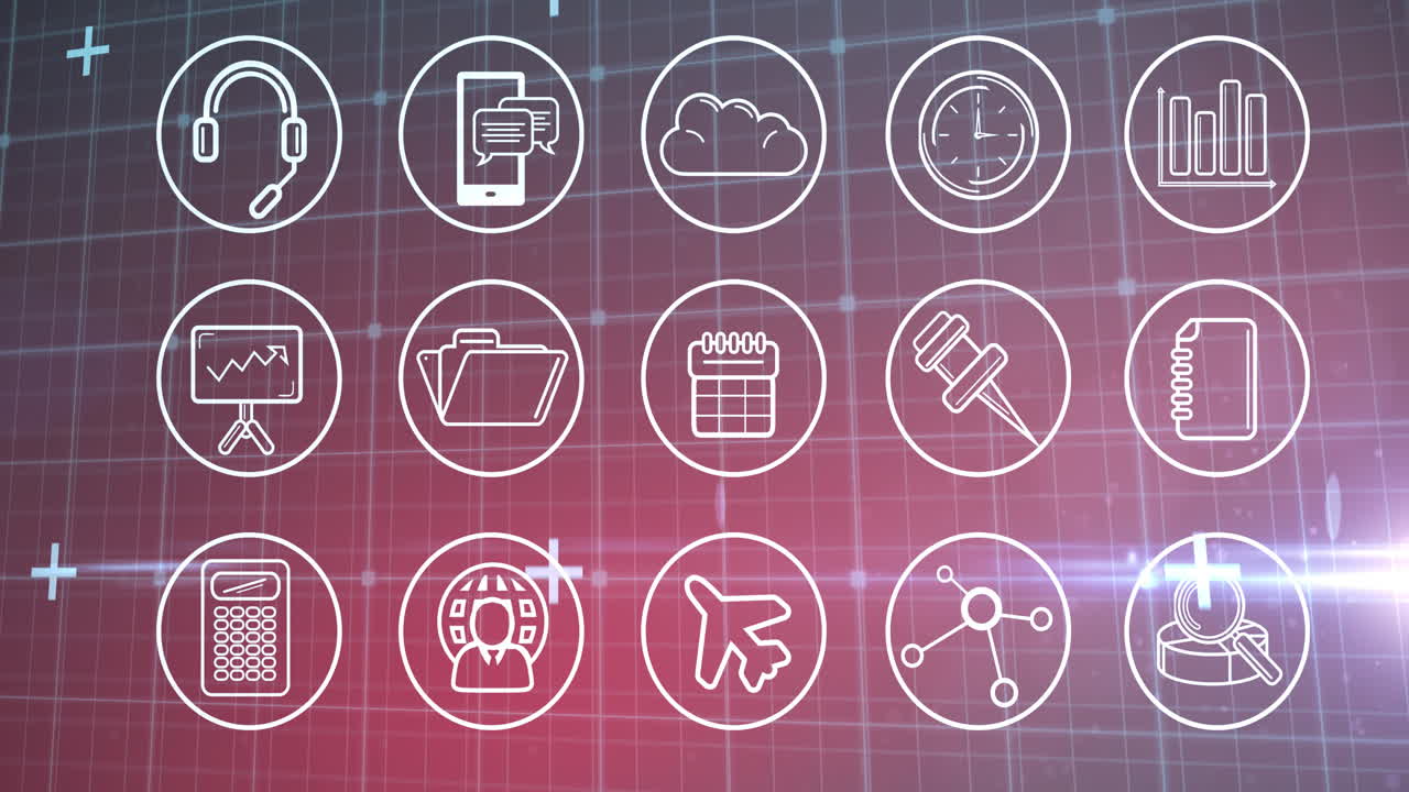Animation of multiple digital icons over grid