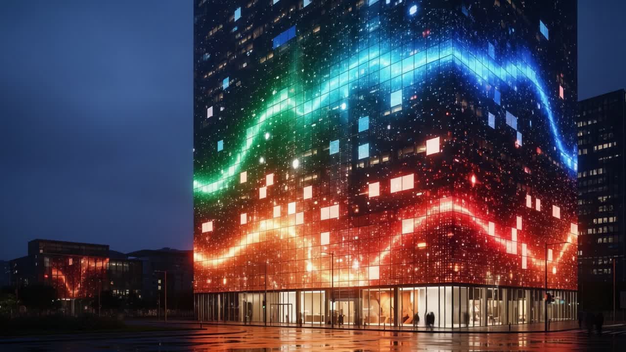 Vibrant Urban Illumination: A Modern Building Showcases Dynamic LED Light Patterns in Mesmerizing Colors at Dusk, Blending Art and Technology in Architectural Design