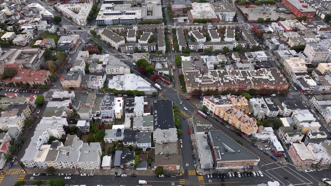 Aerial over building rooftops in Fisherman's Wharf neighborhood, San Francisco