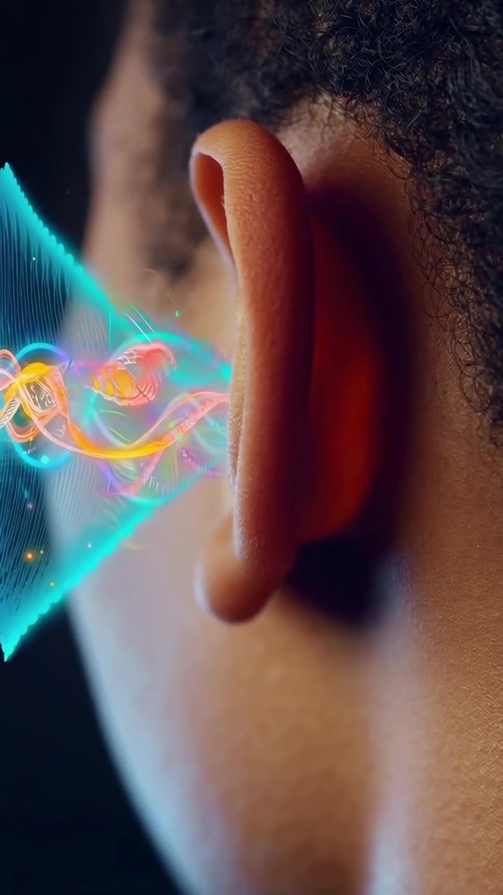Digital Sound Waves Entering Human Ear Representing Hearing Technology