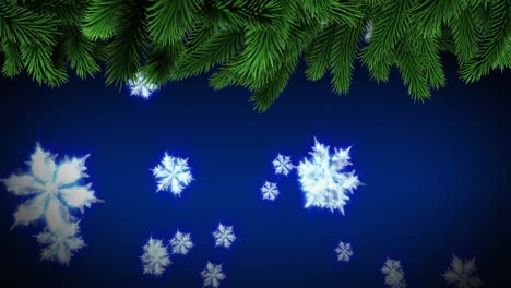 Animation-of-trees-over-snow-falling-on-blue-background