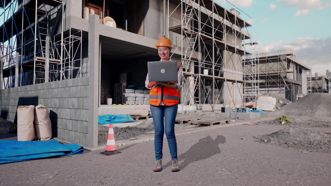 Engenheira asiática de corpo inteiro com capacete de segurança trabalhando em um laptop enquanto está de pé em um canteiro de obras em andamento para uma nova casa