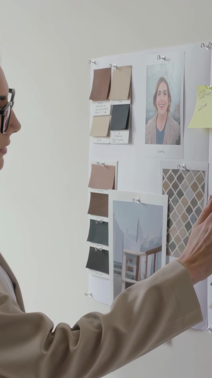 Video vertical: Diseñador con blazer alcanzando y tocando muestras en un tablero en el estudio para planificar, con espacio para texto