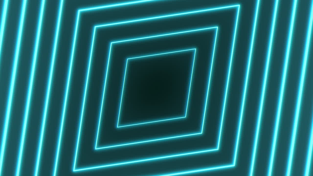 Cornici quadrate al neon astratte che formano un tunnel luminoso con linee di luce blu e ciano su sfondo scuro, sfondo tecnologico futuristico per intro e transizioni.