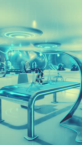 futuristic laboratory interior with glowing lights and science equipment