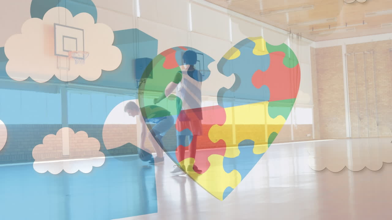 animación de rompecabezas y nubes sobre diversos escolares jugando al baloncesto