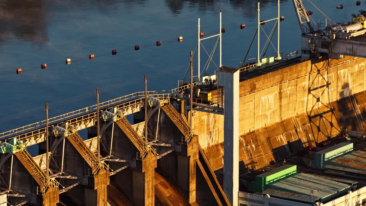 Hradítka přelivu přehrady Carpenter Dam a betonové podpěry na pozadí říční nádrže, zlatožluté světlo na betonu, Arkansas USA, letecký teleobjektiv.