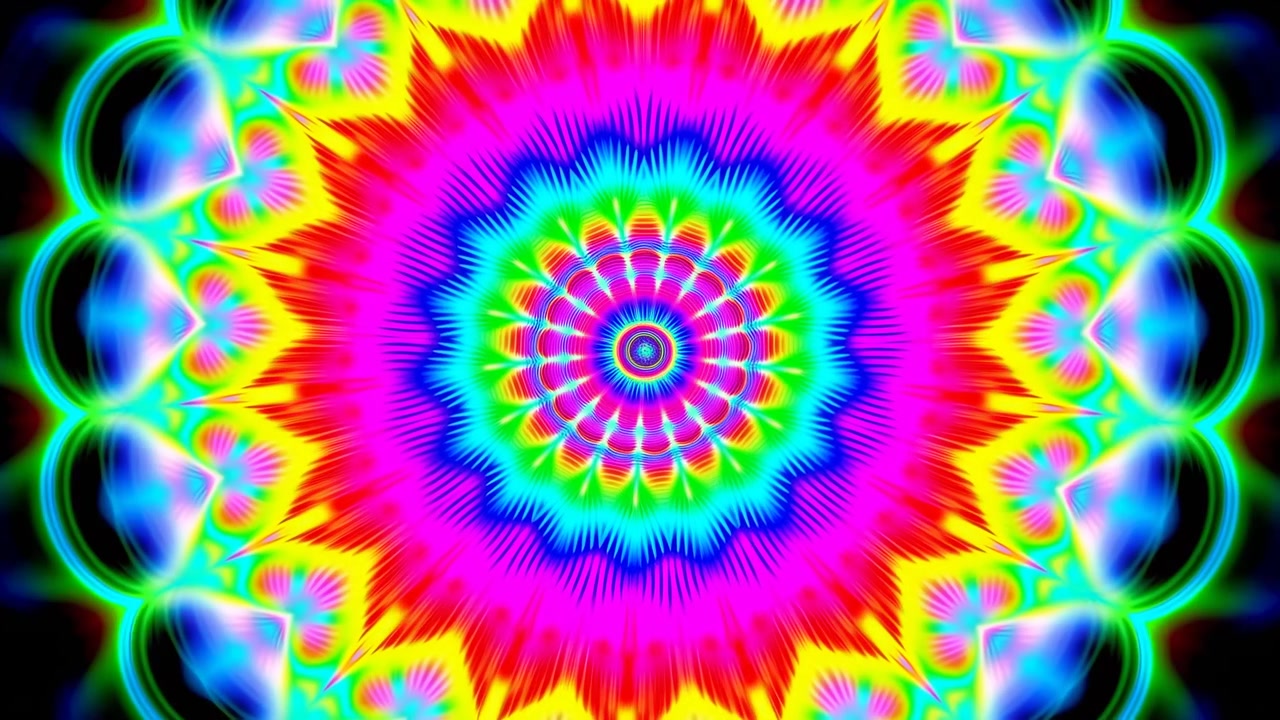 Un mandala neon simmetrico pulsa con anelli e punte luminosi ciano, magenta e gialli, creando un bagliore caleidoscopico ipnotico.