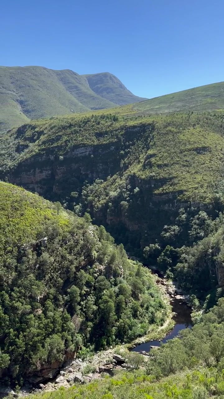 Valle di un verde lussureggiante con un fiume che scorre attraverso un paesaggio montuoso sotto un cielo azzurro e limpido. Riversdale, Sudafrica