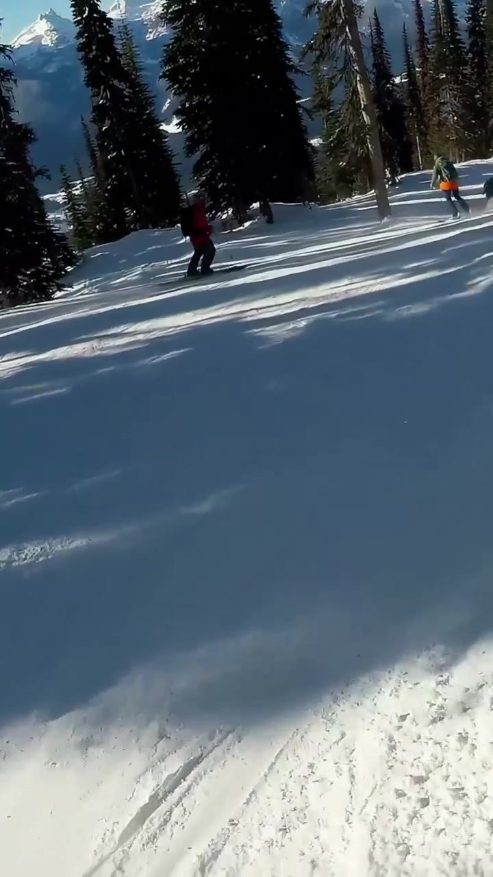 Vertical video: Skiing red-jacketed skier starting descent from upper mountain run, avoiding trees