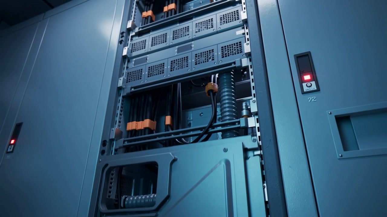 Tilting camera revealing rack cabinet in datacenter, access panel swinging showing cables, conduit