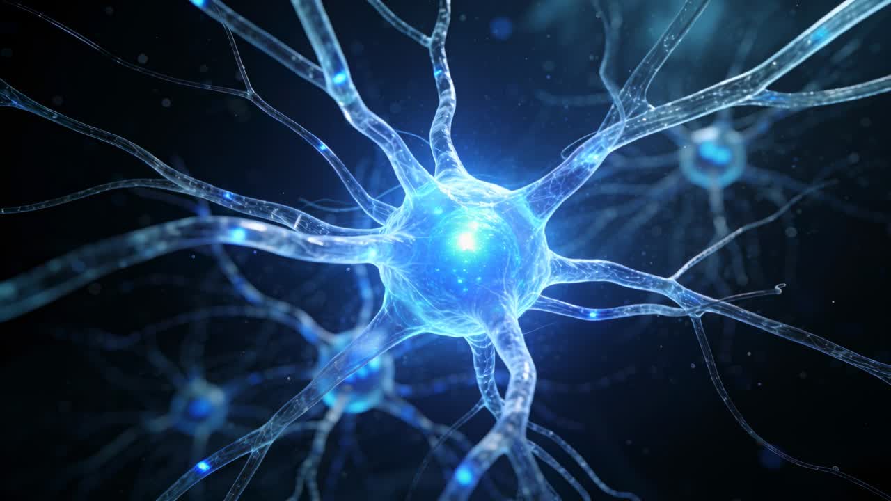 Brightening main neuron soma sending blue node pulses along neurites in neural space with speckles