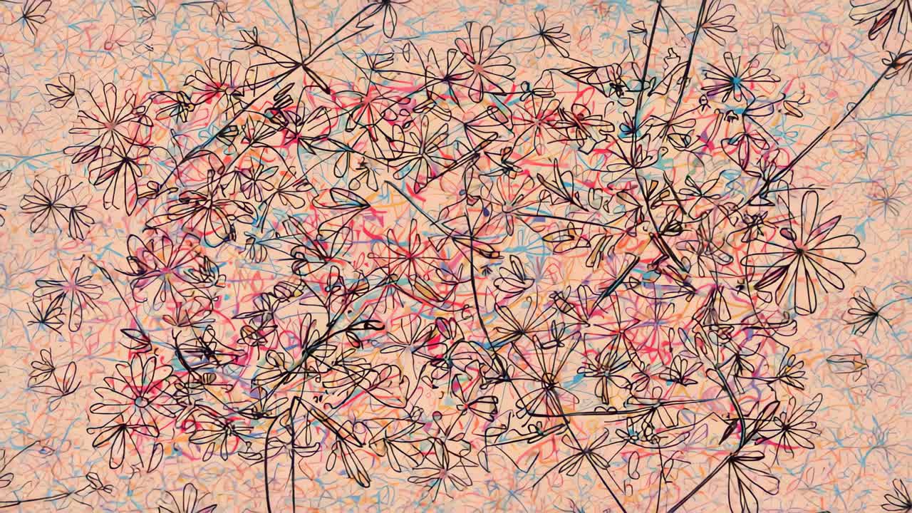 Displaying hand drawn floral doodle, with black line petals and red blue orange swirls