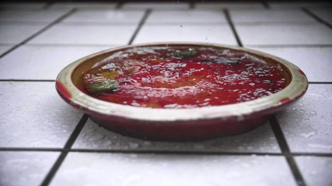 primer plano de la lluvia en cámara lenta inundando una jarra de arcilla de flores rojas con azulejos blancos en segundo plano