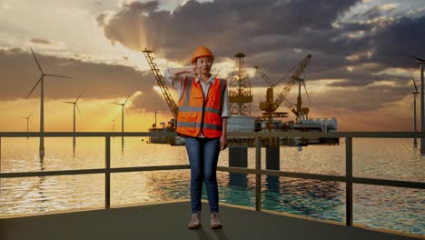 full body of asian female engineer with safety helmet showing thumbs down gesture and shaking her head while standing with hydrogen production
