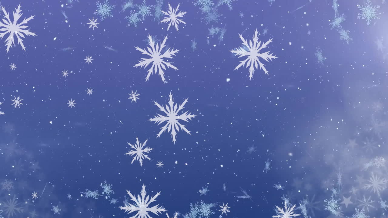 Animation of snow flakes falling on blue background
