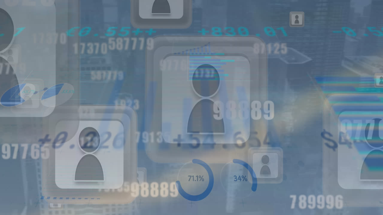 анимация финансовых данных и икон пользователей на сером фоне