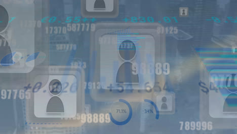 animación de datos financieros y iconos de usuario sobre un fondo gris