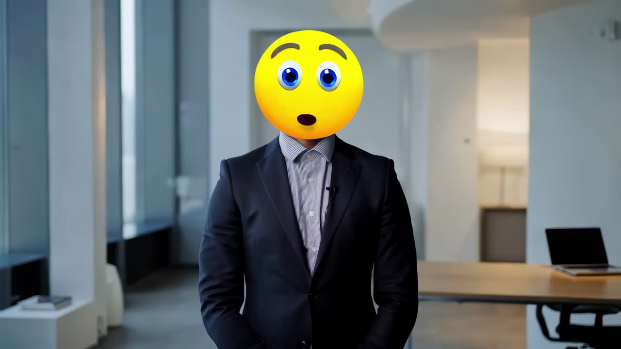 hombre de negocios con cabeza de emoji en la oficina