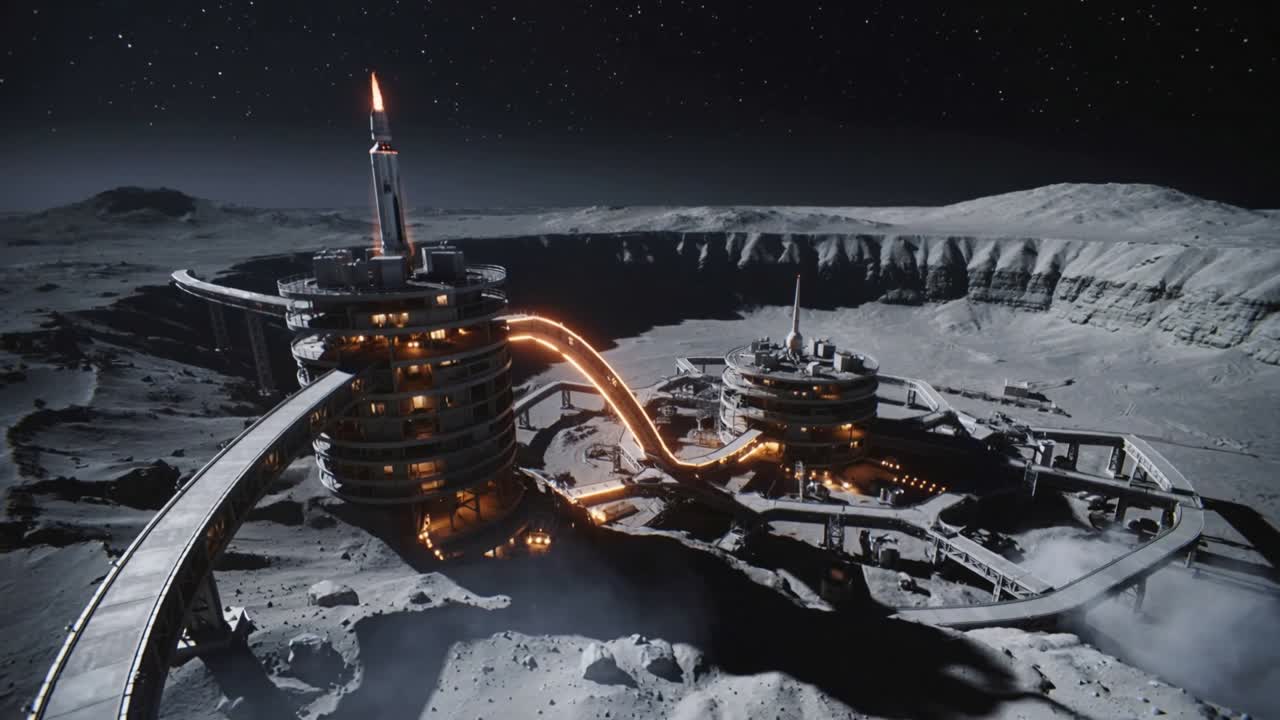 Camera moving closer, revealing lunar base towers, glowing conduit inside crater, showing depth