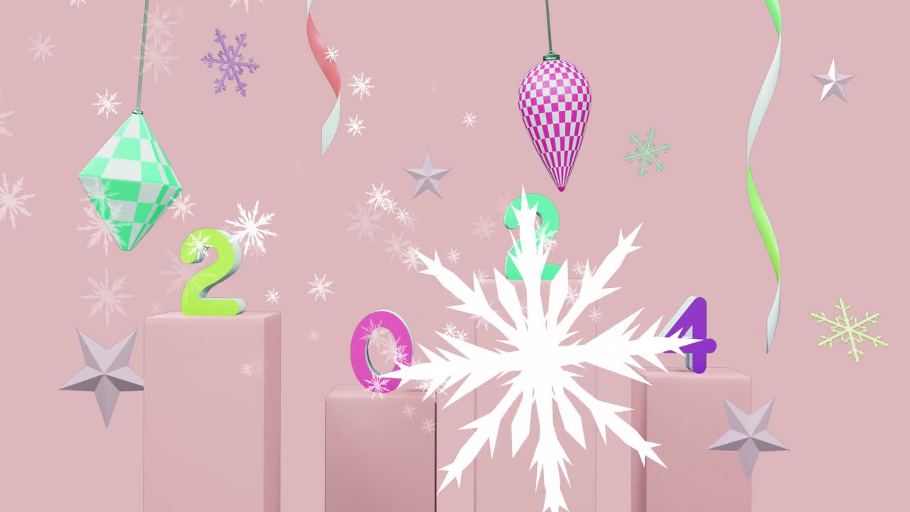 2024の文字とクリスマスの飾り付けが背景にあるアニメーション。