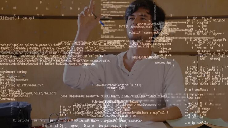 Animation of digital data processing over caucasian student