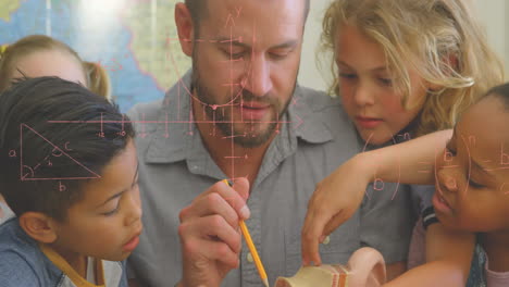 animation of math formulas over diverse pupils and male teacher at school