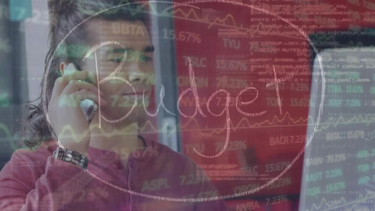 Animation of data processing and budget text over caucasian businessman using smartphone
