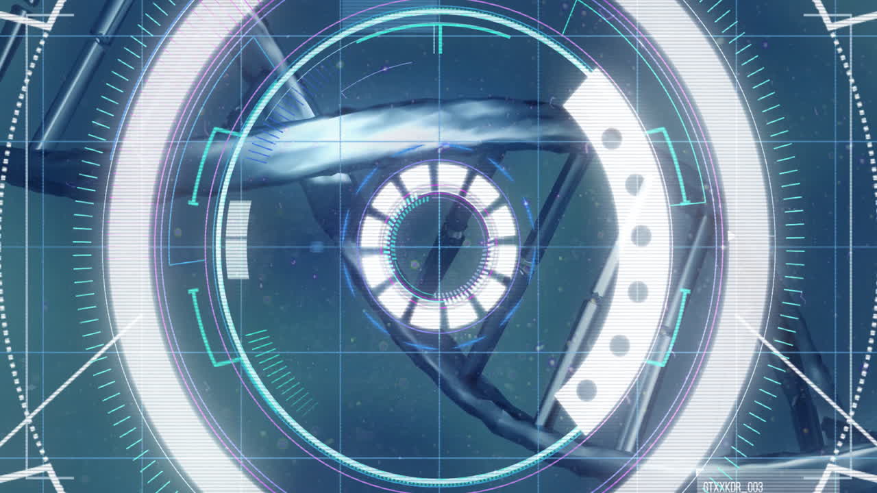 animación de interfaz digital futurista sobre escena submarina con vida marina