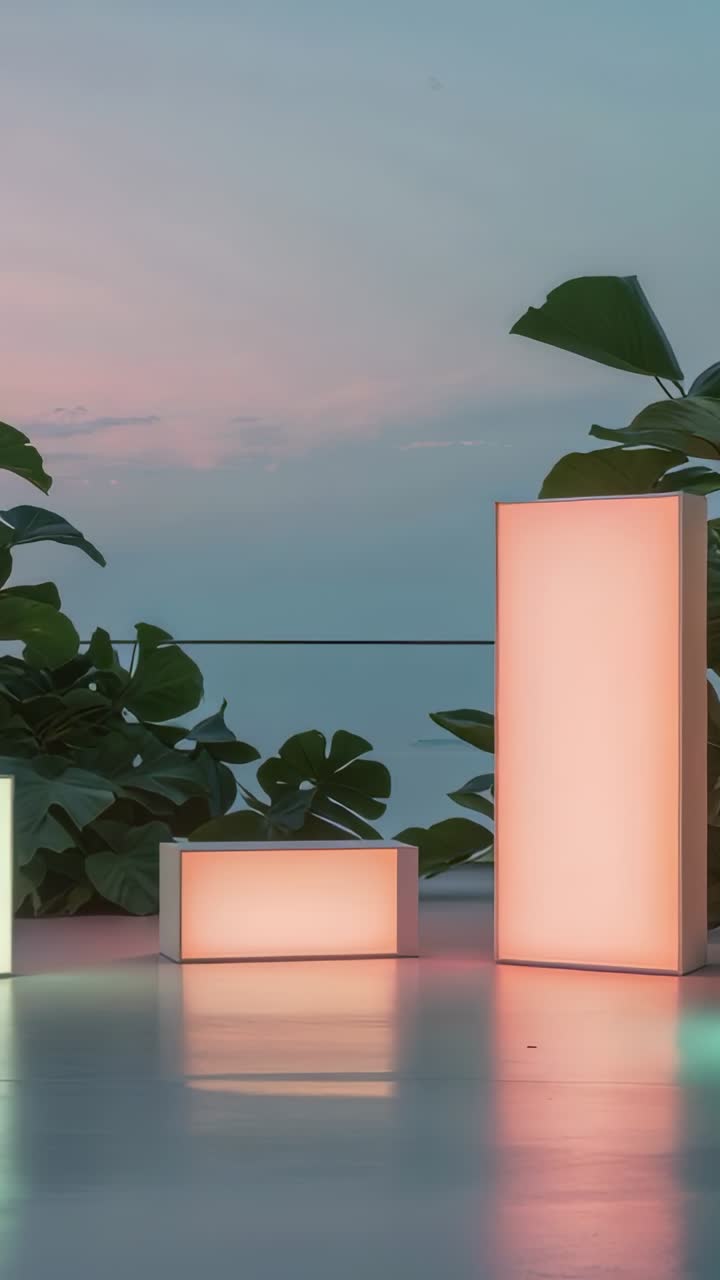 Vertical video: LED lamps receiving power initiating orange to turquoise shifts on dusk terrace