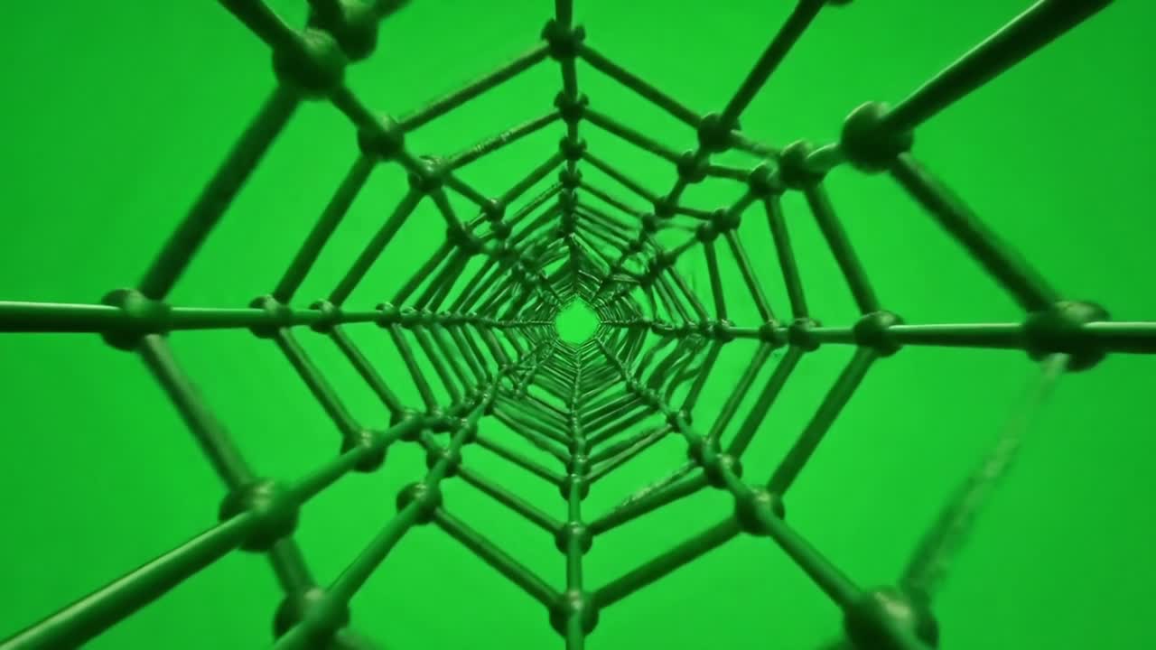 Abstract Green Structure: A Dynamic View of Interconnected Nodes and Lines Forming a Geometric Tunnel in a Vivid Green Environment
