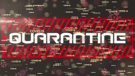 animation of falling multiple covid 19 text over quarantine text on black background