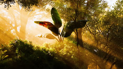 sunlight filters through a lush forest illuminating vibrant greenery