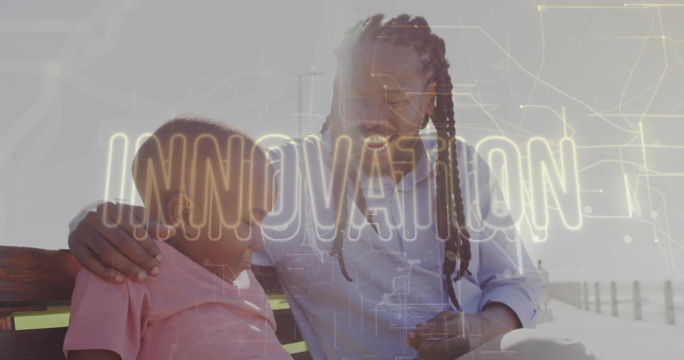 Man talking with kid on bench starting INNOVATION tech overlay rising over them, sparking wonder