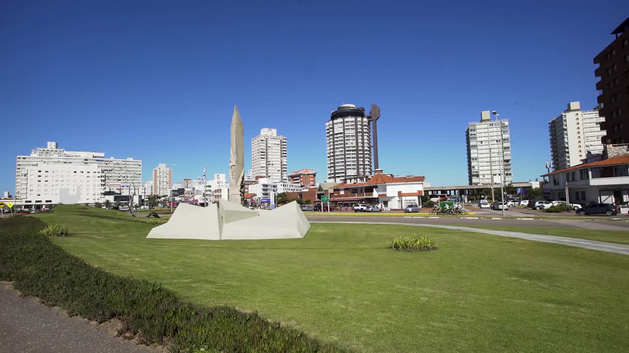 Orbital footage of Obelisk Outdoor Sculpture Park in Punta del Este, Uruguay.