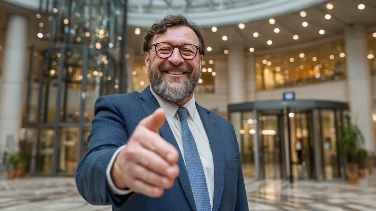 Un professionista sicuro di sé che porge un caloroso saluto in un moderno spazio ufficio, rivelando un'atmosfera accogliente e un impegno positivo.