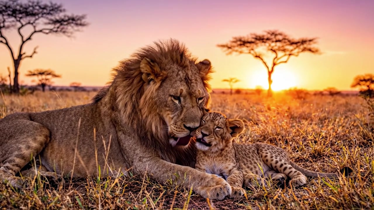 Leone maestoso e cucciolo giocoso che riposano insieme al tramonto nella savana africana, sottolineando la bellezza della fauna selvatica e il loro legame indissolubile.