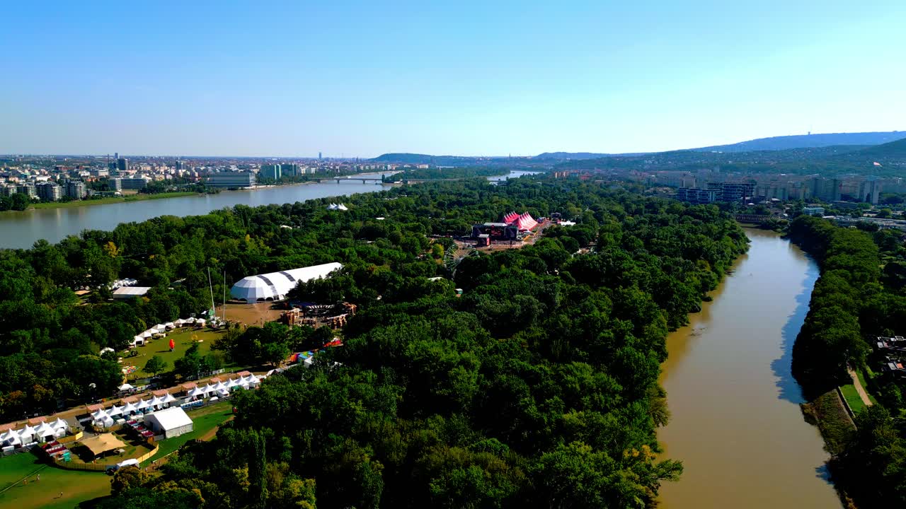 Aerial View Over Sziget Festival, Music Festival In &Oacute;buda Island, Budapest, Hungary - drone shot