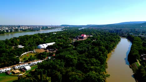 Aerial-View-Over-Sziget-Festival,-Music-Festival-In-Óbuda-Island,-Budapest,-Hungary---drone-shot