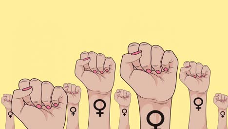 Animation-of-multiple-raise-female-fists,-on-yellow-background