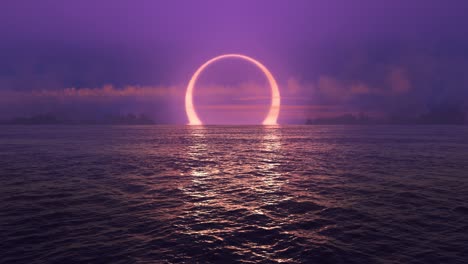 purple sunset and solar eclipse over seamlessly looped ocean.