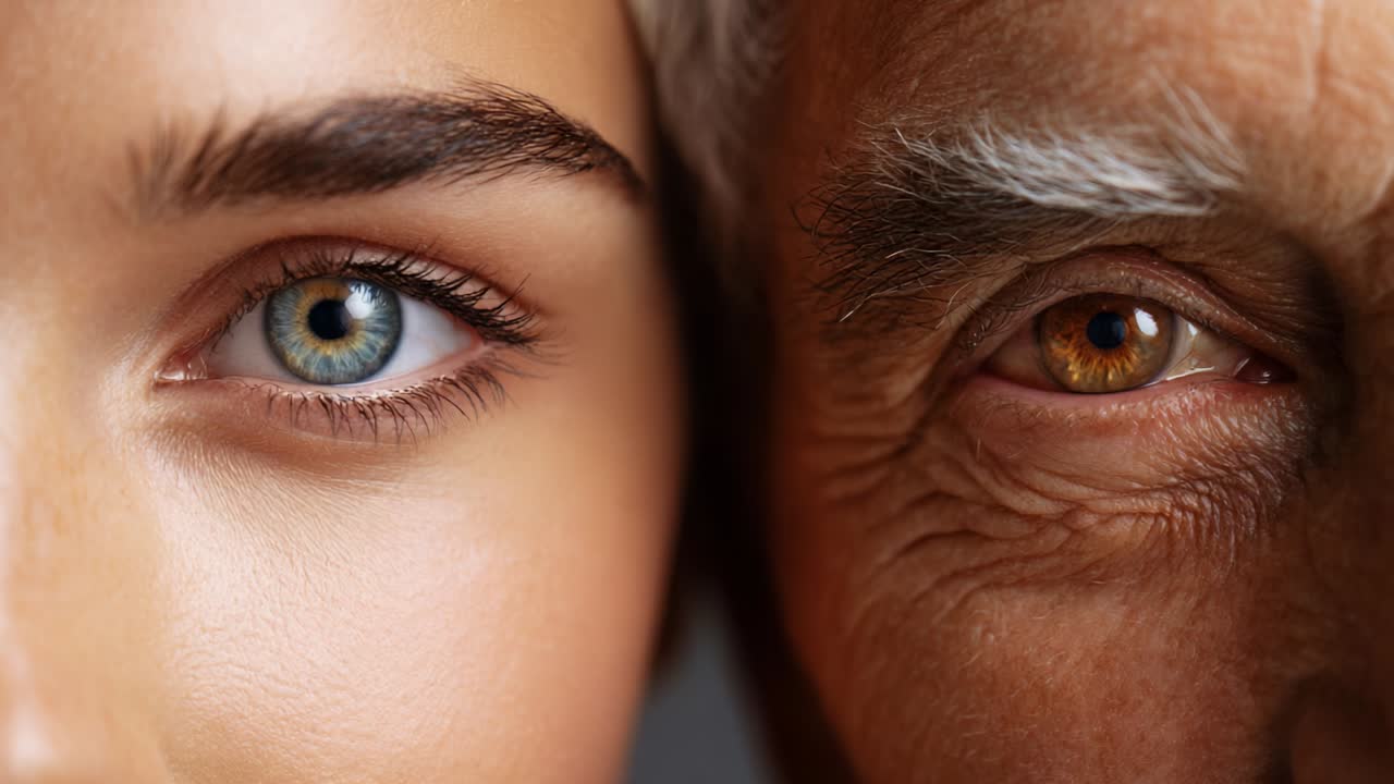 Explorando as profundezas da conexão entre gerações: uma visão em close-up das diferenças e semelhanças únicas nas cores dos olhos e características entre uma pessoa jovem e um idoso