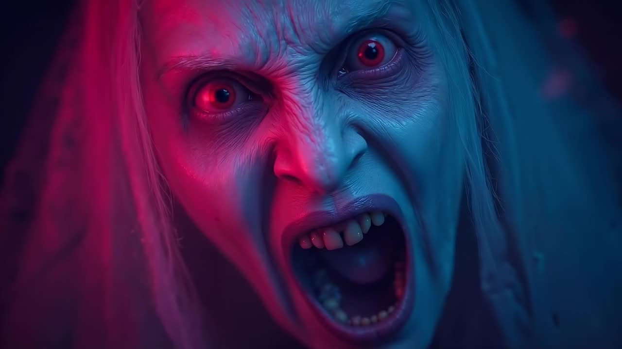 A close up of a person with red eyes and a white veil