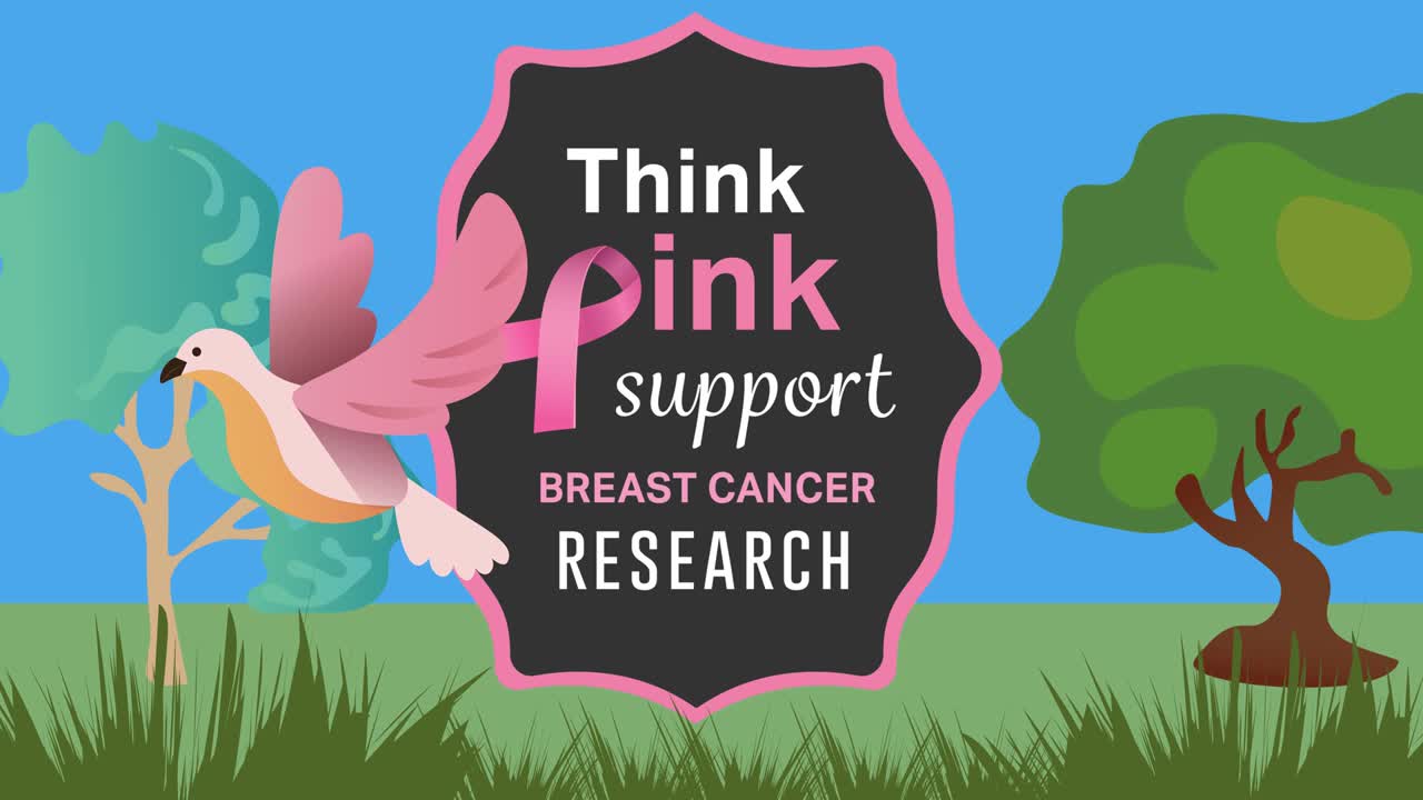 나무와 새 위에 분홍색 리본 로고와 유방암 텍스트의 애니메이션