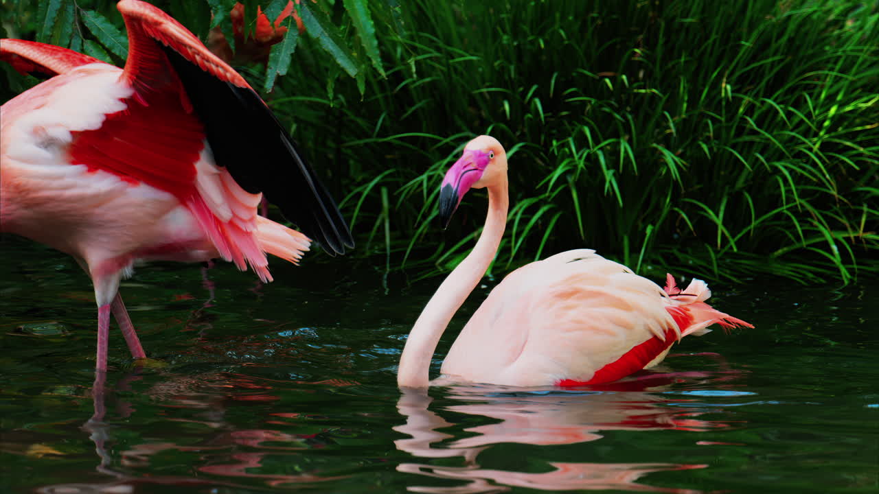 Close up of a beautiful, pink flamingo standing in water at a zoo
