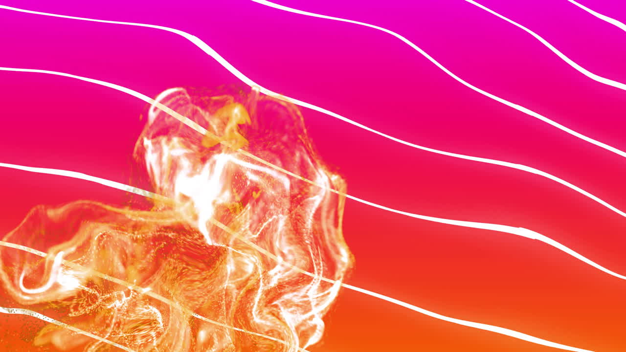 Animation of glowing orange mesh moving over white lines on pink background