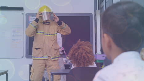 animation of lights over caucasian fireman making presentation to class of diverse pupils